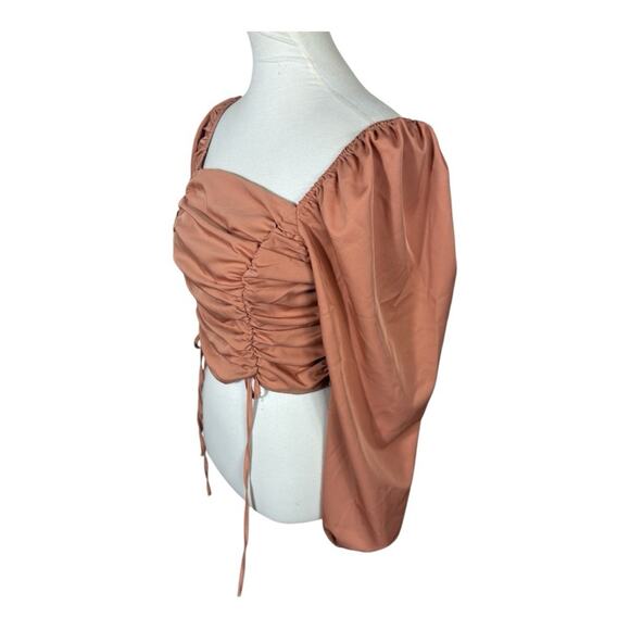 Peach Dusty Rose Ruched Gathered Front Long Sleeve Blouse Size L - Picture 3 of 9